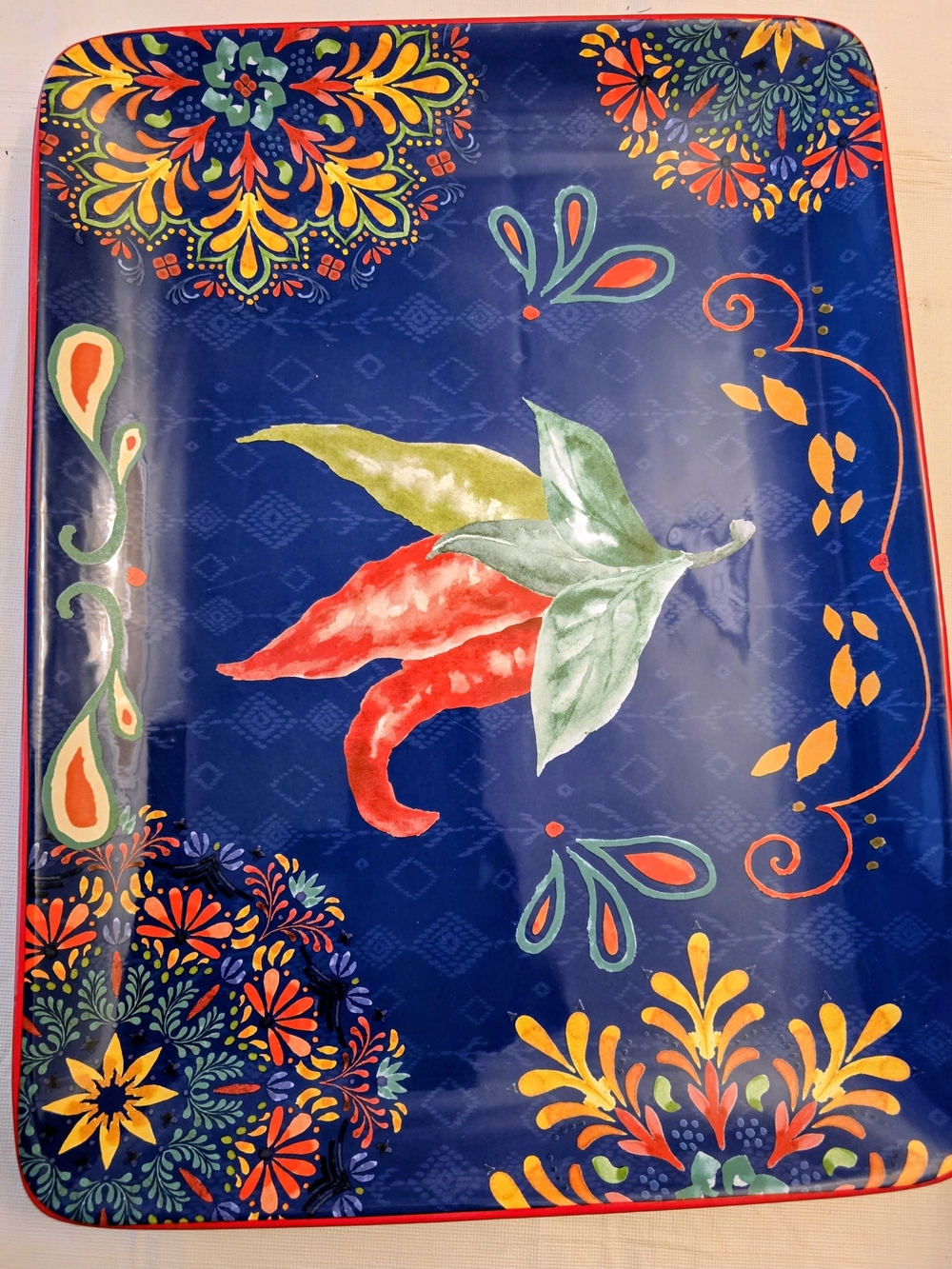 Blue Floral & Chili Decorative Serving Tray -ceramic New 16x12 In